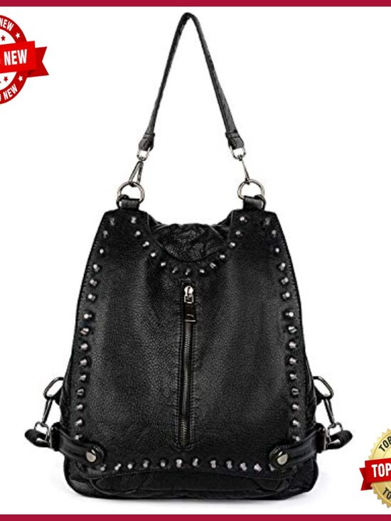 Convertible Backpack Purse with Rivet Studs, Waterproof PU Leather, Large